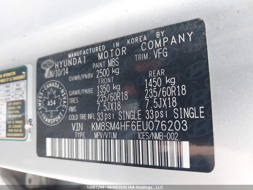 2014 Hyundai Santa Fe Gls/Limited VIN: KM8SM4HF6EU076203 Lot: 12061244