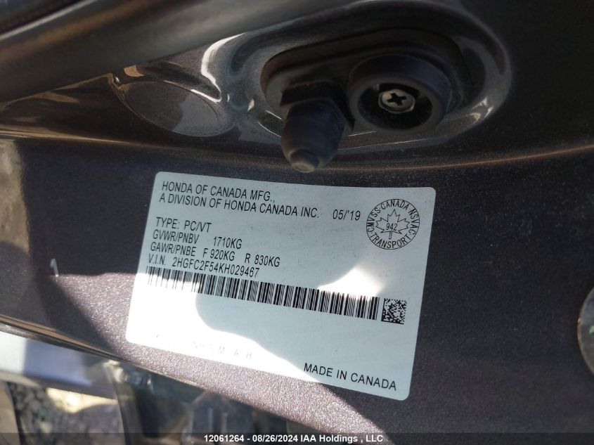 2019 Honda Civic VIN: 2HGFC2F54KH029467 Lot: 12061264