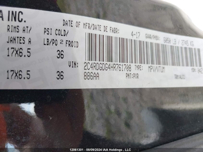 2017 Dodge Grand Caravan Crew VIN: 2C4RDGDG4HR761708 Lot: 12061301