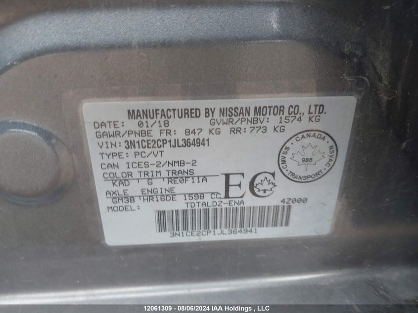 2018 Nissan Versa VIN: 3N1CE2CP1JL364941 Lot: 12061309