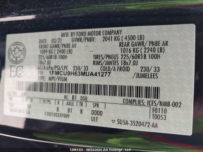 2021 Ford Escape Sel VIN: 1FMCU9H63MUA41277 Lot: 12061331