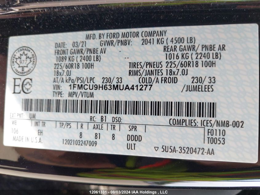 2021 Ford Escape Sel VIN: 1FMCU9H63MUA41277 Lot: 12061331