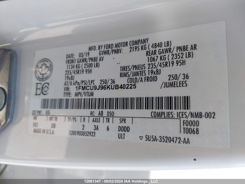 2019 Ford Escape Titanium VIN: 1FMCU9J96KUB40225 Lot: 12061347