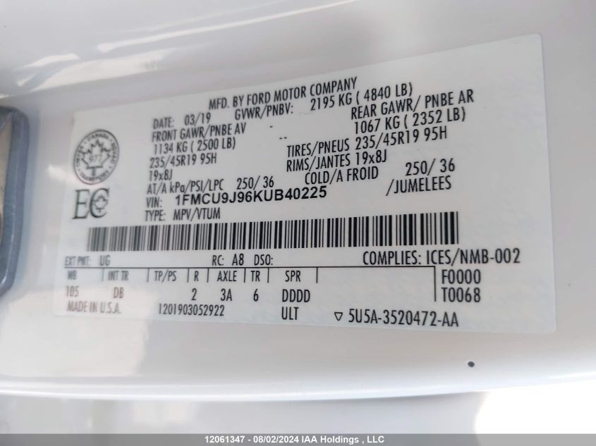 2019 Ford Escape Titanium VIN: 1FMCU9J96KUB40225 Lot: 12061347