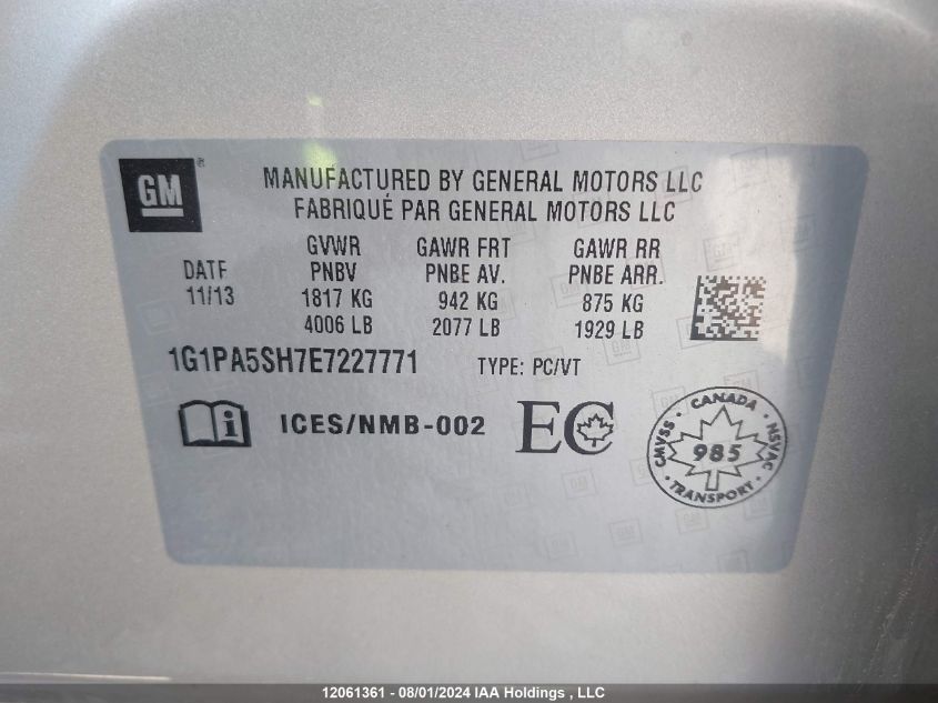2014 Chevrolet Cruze VIN: 1G1PA5SH7E7227771 Lot: 12061361