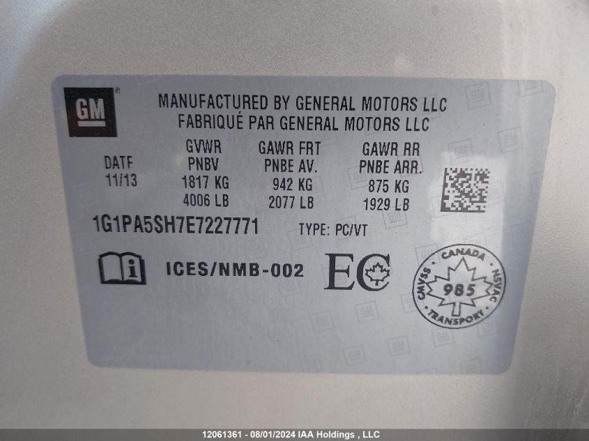 2014 Chevrolet Cruze VIN: 1G1PA5SH7E7227771 Lot: 12061361