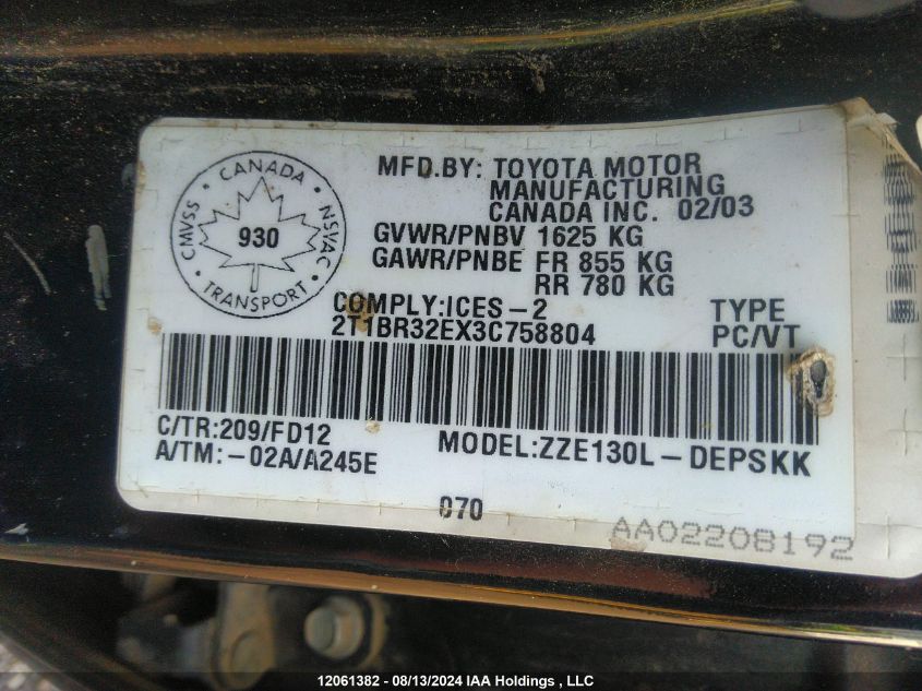 2003 Toyota Corolla Ce/Le/S VIN: 2T1BR32EX3C758804 Lot: 12061382