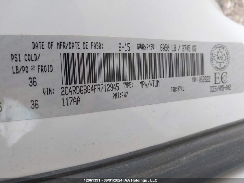 2015 Dodge Grand Caravan Se VIN: 2C4RDGBG4FR712945 Lot: 12061391