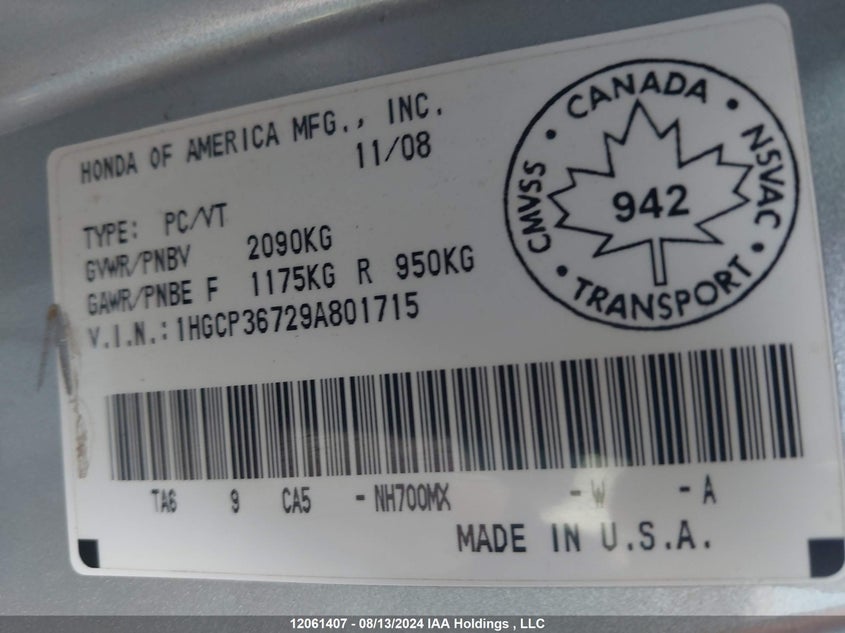 2009 Honda Accord Sedan VIN: 1HGCP36729A801715 Lot: 12061407