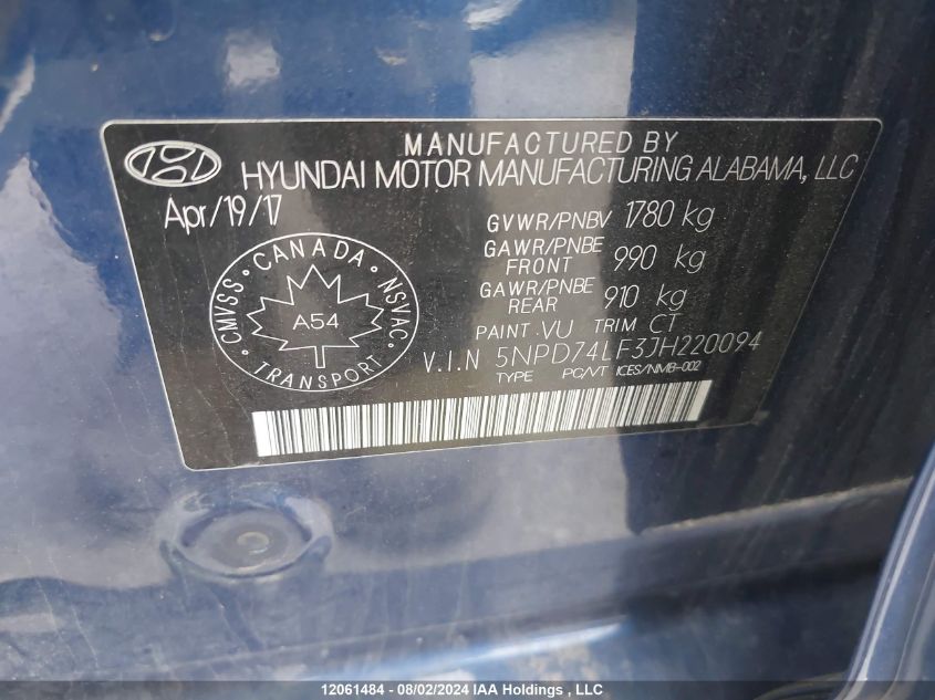 2018 Hyundai Elantra Le VIN: 5NPD74LF3JH220094 Lot: 12061484