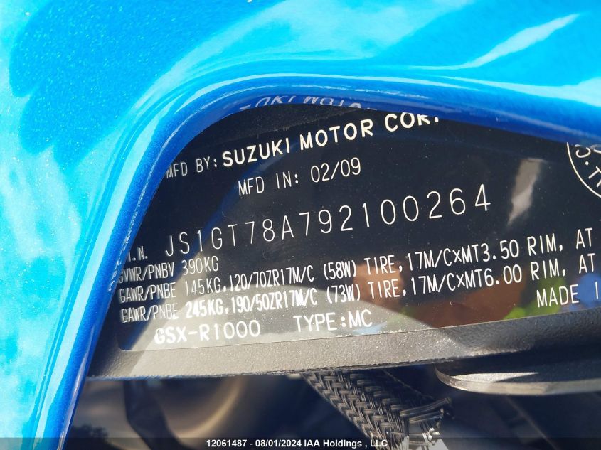 2009 Suzuki Gsx-R1000 VIN: JS1GT78A792100264 Lot: 12061487