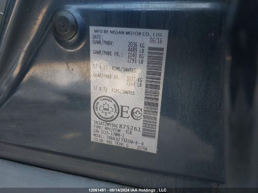 2016 Nissan Rogue VIN: 5N1AT2MT6GC875261 Lot: 12061491