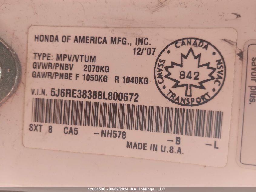 2008 Honda Cr-V VIN: 5J6RE38388L800672 Lot: 12061508
