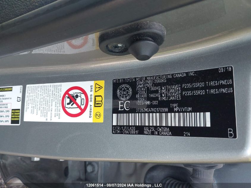 2019 Lexus Rx 350 VIN: 2T2BZMCA7KC170998 Lot: 12061514