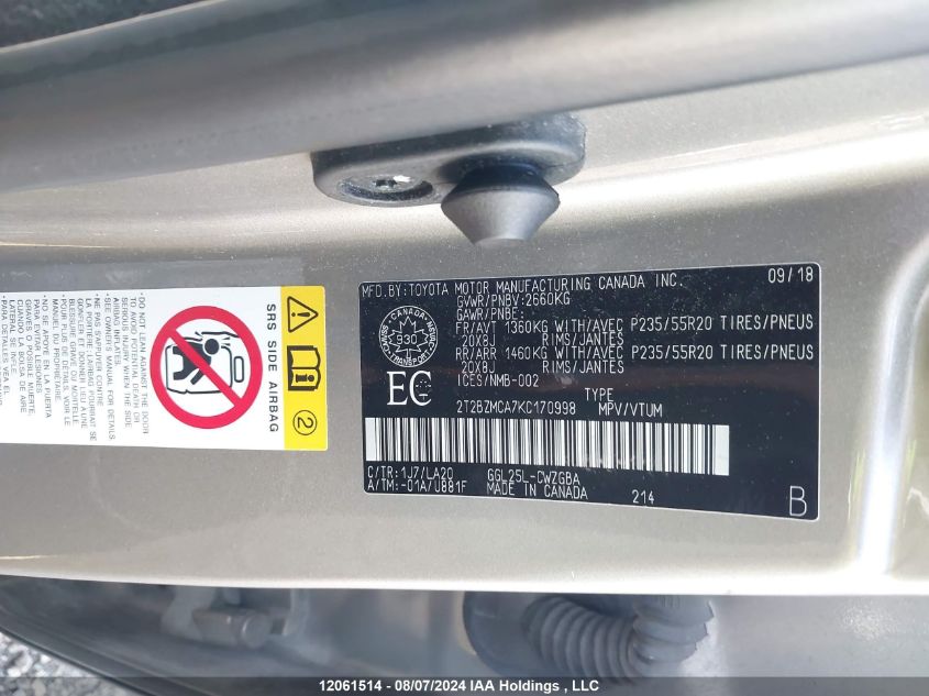 2019 Lexus Rx 350 VIN: 2T2BZMCA7KC170998 Lot: 12061514