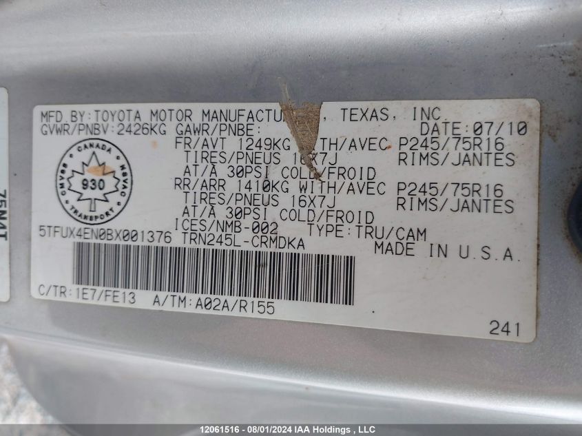 2011 Toyota Tacoma VIN: 5TFUX4EN0BX001376 Lot: 12061516