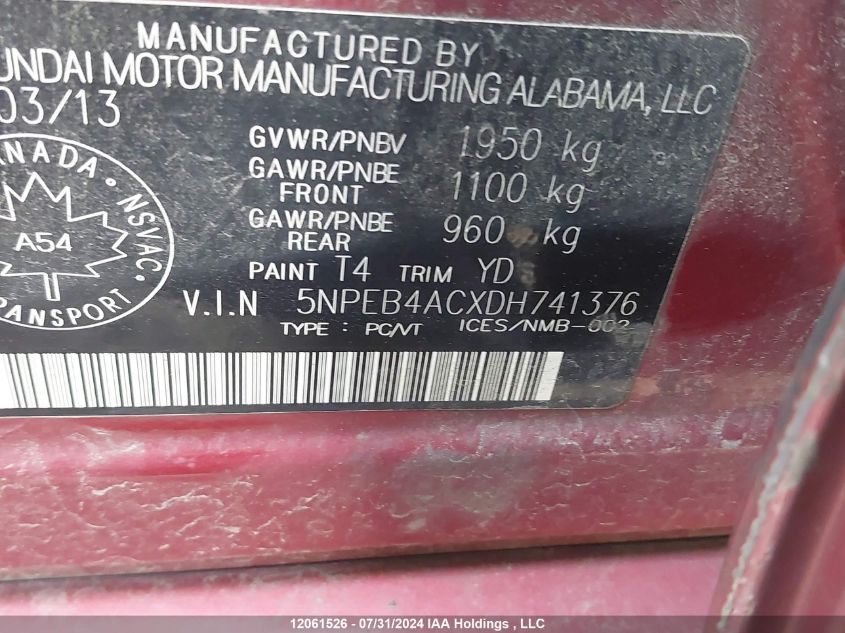 2013 Hyundai Sonata Gls VIN: 5NPEB4ACXDH741376 Lot: 12061526