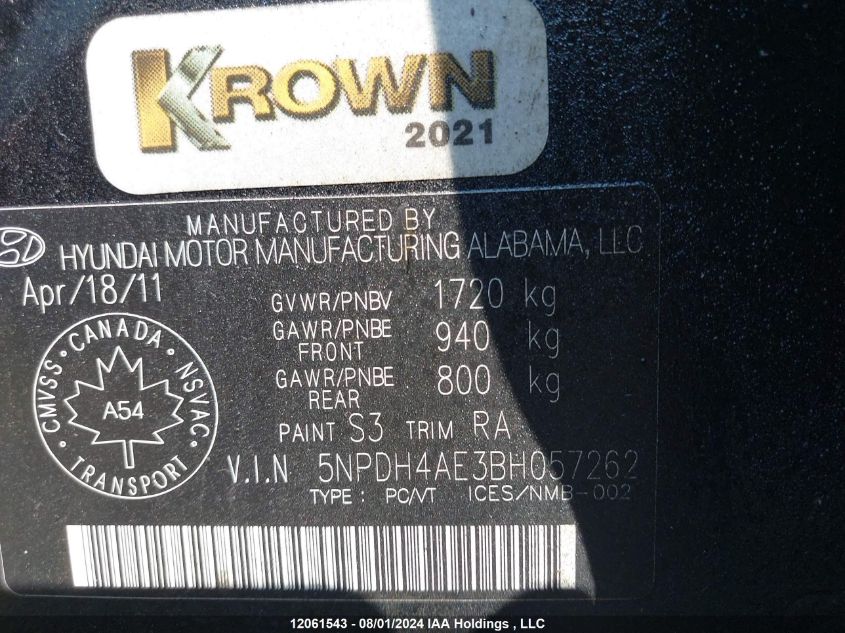 2011 Hyundai Elantra Gls/Limited VIN: 5NPDH4AE3BH057262 Lot: 12061543