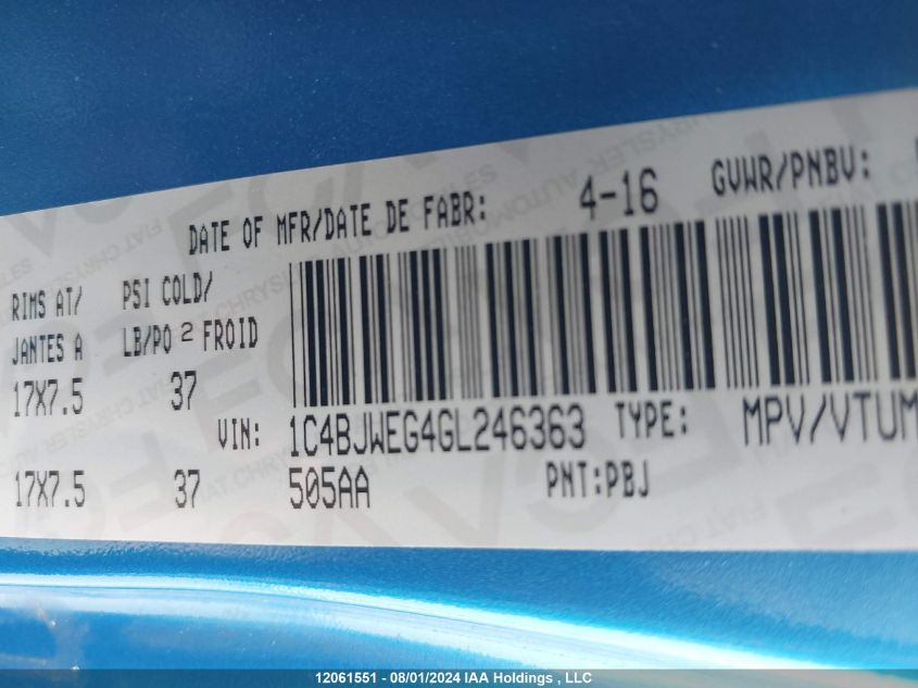 2016 Jeep Tj VIN: 1C4BJWEG4GL246363 Lot: 12061551