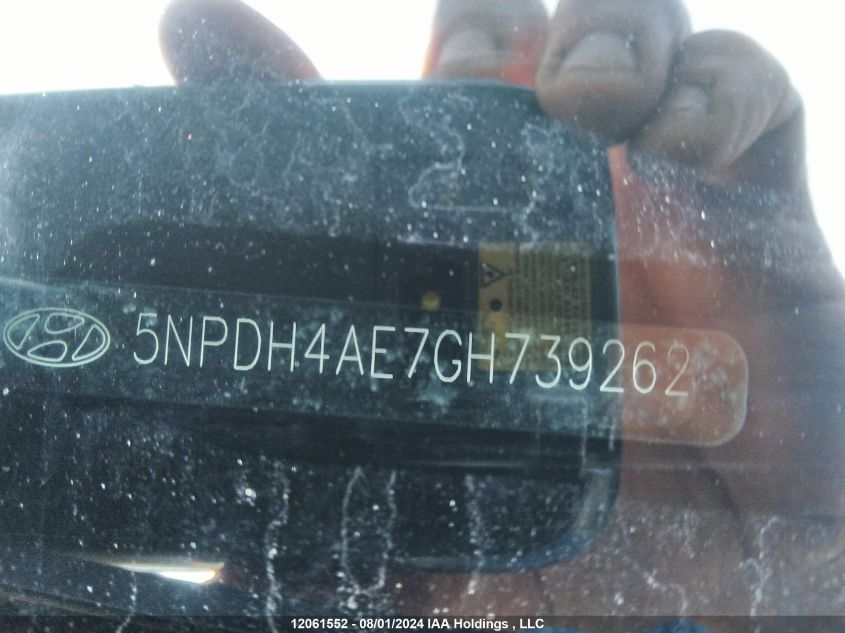 2016 Hyundai Elantra VIN: 5NPDH4AE7GH739262 Lot: 12061552