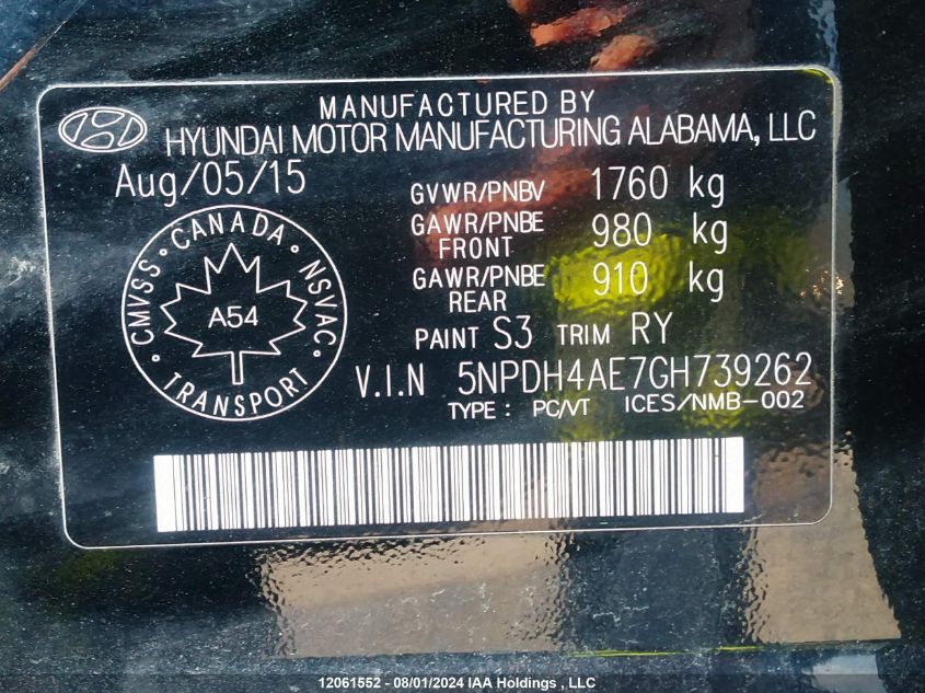 2016 Hyundai Elantra VIN: 5NPDH4AE7GH739262 Lot: 12061552