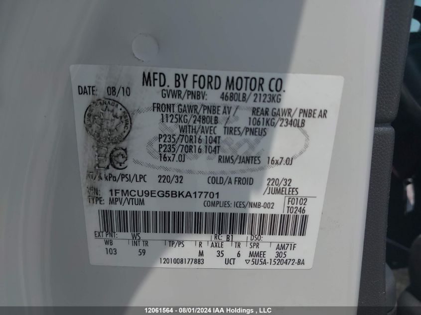 2011 Ford Escape Limited VIN: 1FMCU9EG5BKA17701 Lot: 12061564