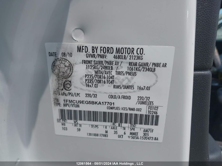 2011 Ford Escape Limited VIN: 1FMCU9EG5BKA17701 Lot: 12061564