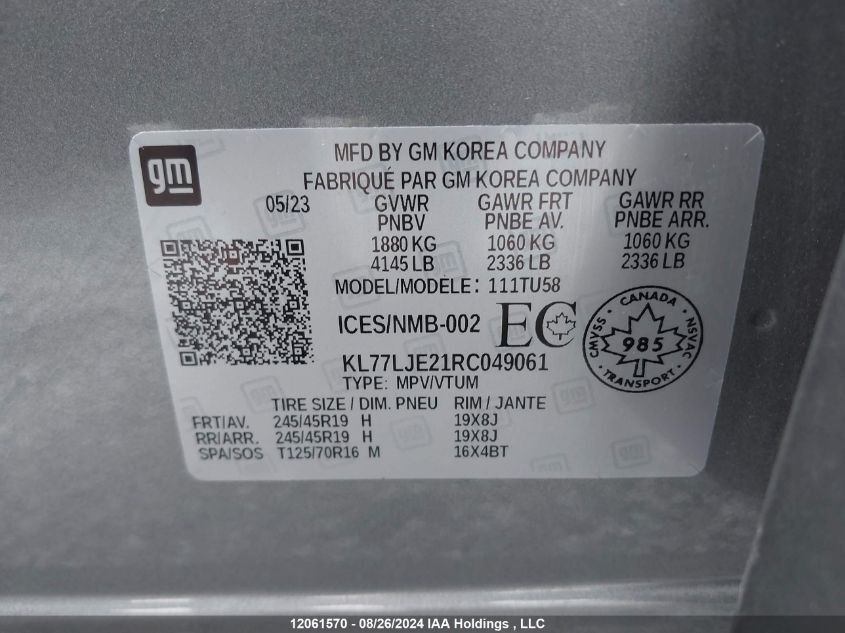 2024 Chevrolet Trax VIN: KL77LJE21RC049061 Lot: 12061570