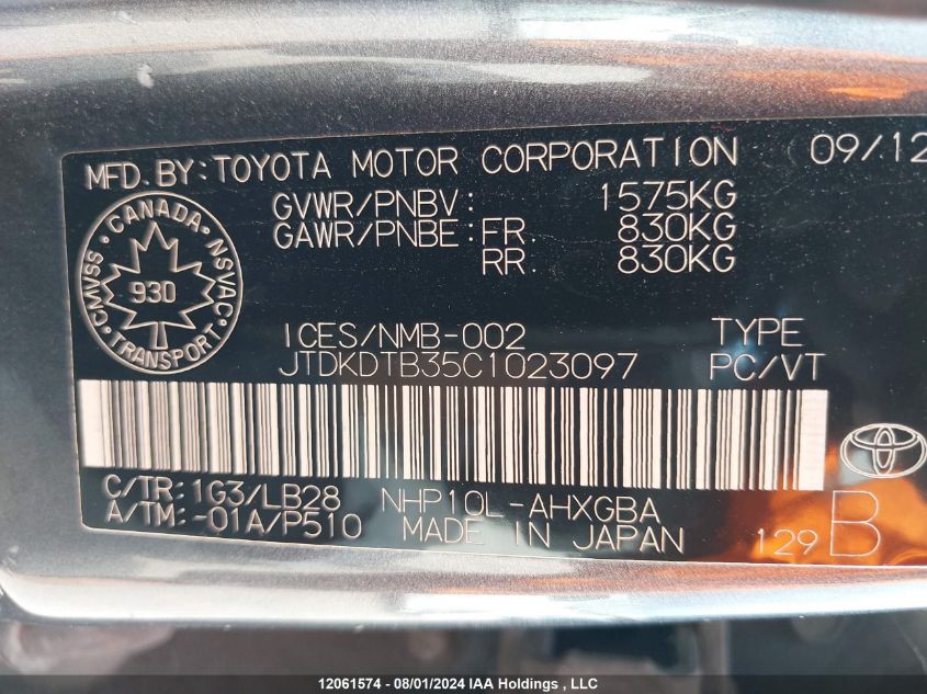 2012 Toyota Prius C VIN: JTDKDTB35C1023097 Lot: 12061574