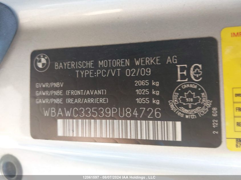 2009 BMW 3 Series VIN: WBAWC33539PU84726 Lot: 12061597