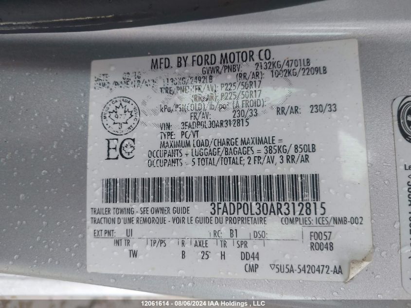 2010 Ford Fusion Hybrid VIN: 3FADP0L30AR312815 Lot: 12061614