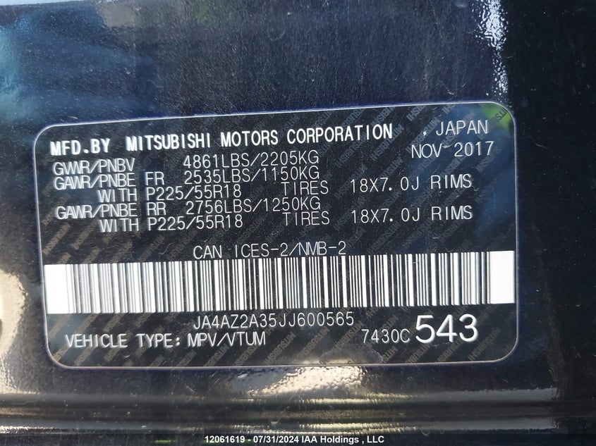 2018 Mitsubishi Outlander VIN: JA4AZ2A35JJ600565 Lot: 12061619