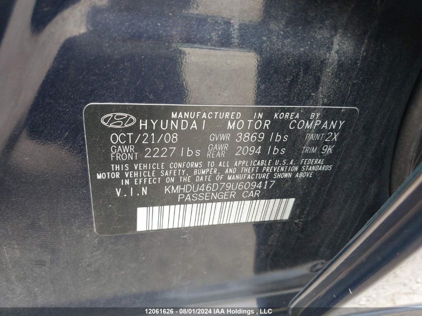 2009 Hyundai Elantra Gls/Se VIN: KMHDU46D79U609417 Lot: 12061626