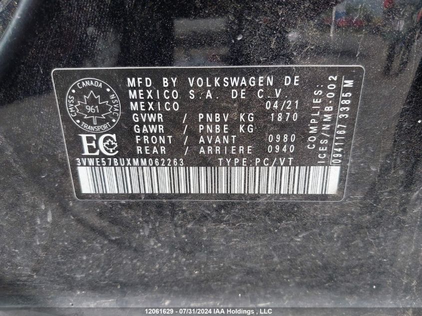 2021 Volkswagen Jetta Sel VIN: 3VWE57BUXMM062263 Lot: 12061629