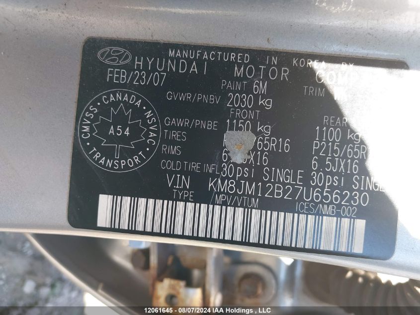 2007 Hyundai Tucson VIN: KM8JM12B27U656230 Lot: 12061645