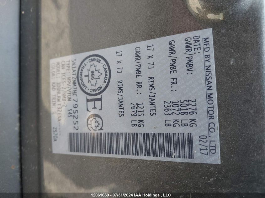 2017 Nissan Rogue VIN: 5N1AT2MM7HC795252 Lot: 12061659