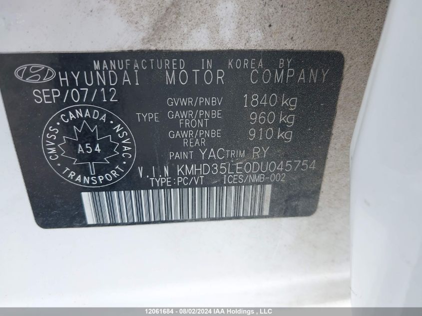 2013 Hyundai Elantra VIN: KMHD35LE0DU045754 Lot: 12061684