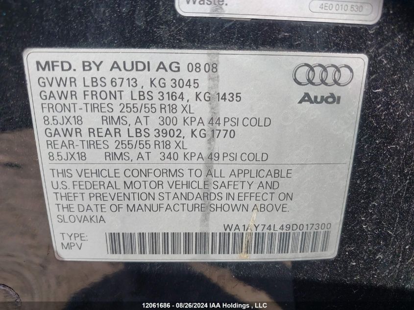 2009 Audi Q7 VIN: WA1AY74L49D017300 Lot: 12061686