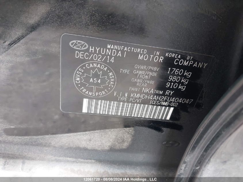 2015 Hyundai Elantra Se/Sport/Limited VIN: KMHDH4AH2FU404047 Lot: 12061720