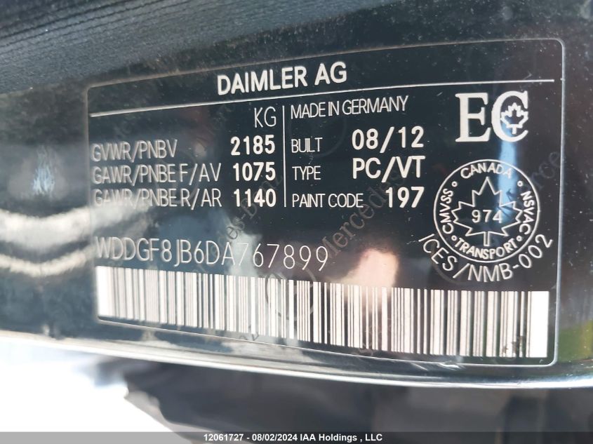 2013 Mercedes-Benz C-Class VIN: WDDGF8JB6DA767899 Lot: 12061727