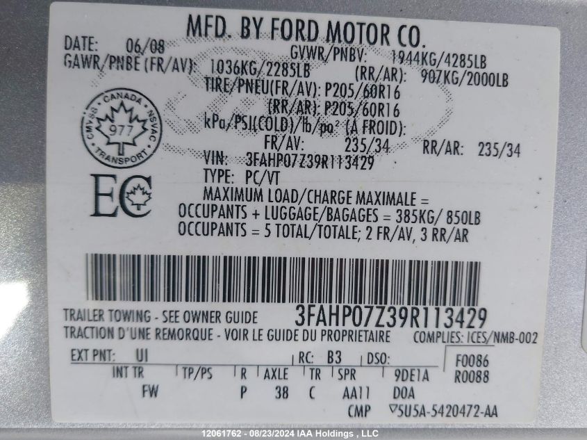 2009 Ford Fusion Se VIN: 3FAHP07Z39R113429 Lot: 12061762