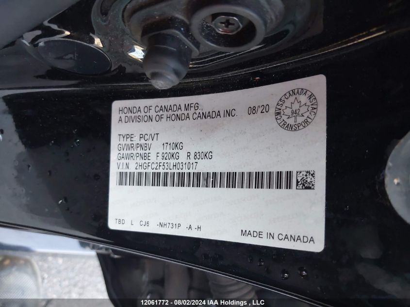 2020 Honda Civic Sedan VIN: 2HGFC2F53LH031017 Lot: 12061772