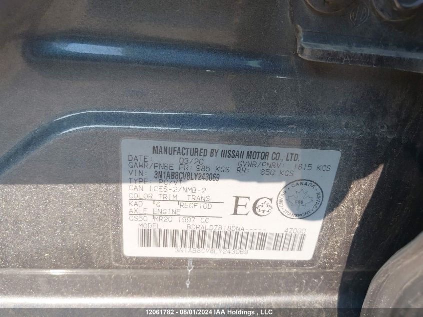 2020 Nissan Sentra VIN: 3N1AB8CV8LY243069 Lot: 12061782