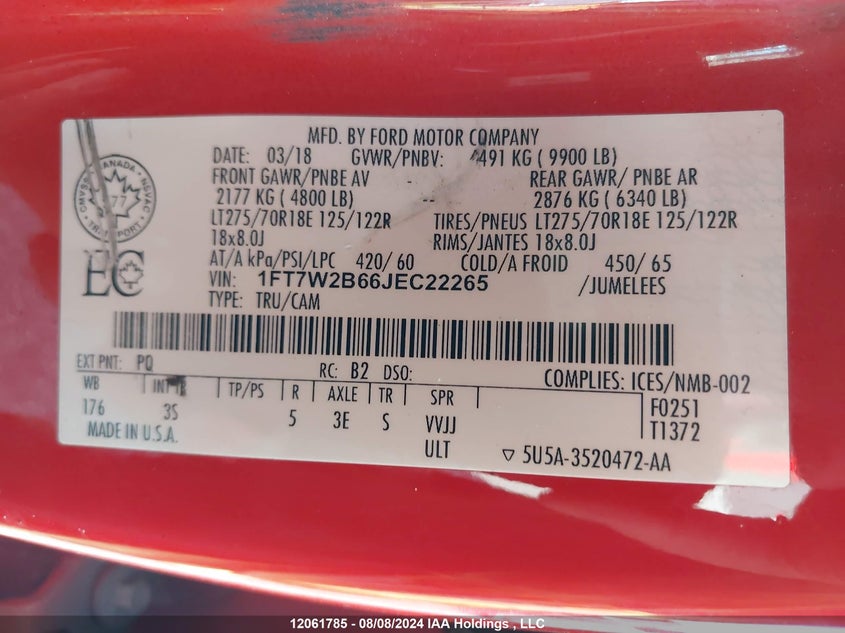 2018 Ford F250 Super Duty VIN: 1FT7W2B66JEC22265 Lot: 12061785