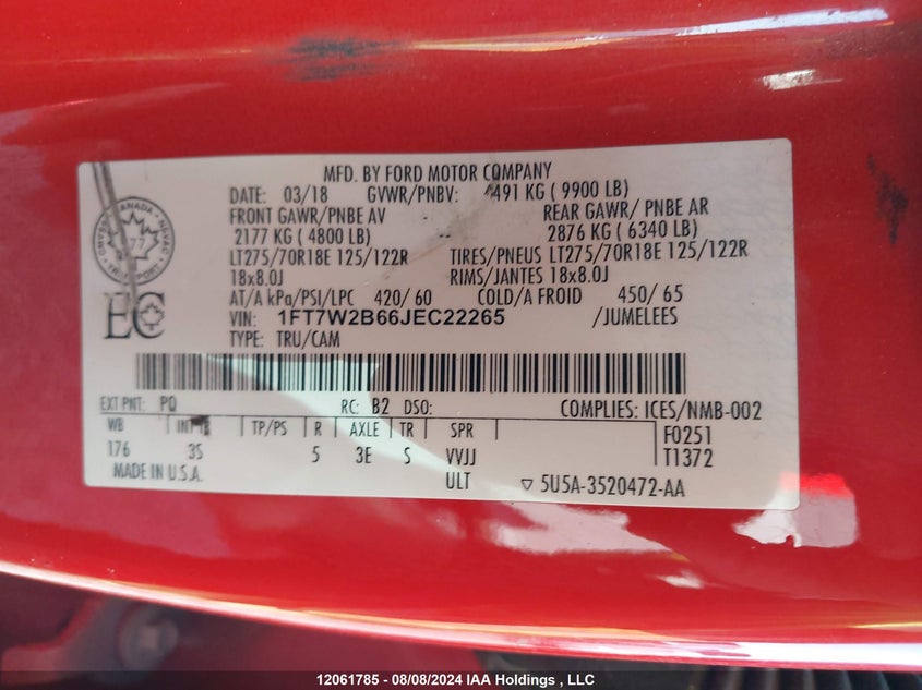 2018 Ford F250 Super Duty VIN: 1FT7W2B66JEC22265 Lot: 12061785