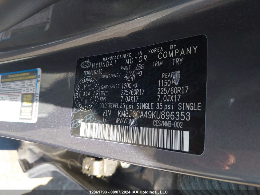 2019 Hyundai Tucson Limited/Sel/Sport/Ultimate/Value/Night VIN: KM8J3CA49KU896353 Lot: 12061793