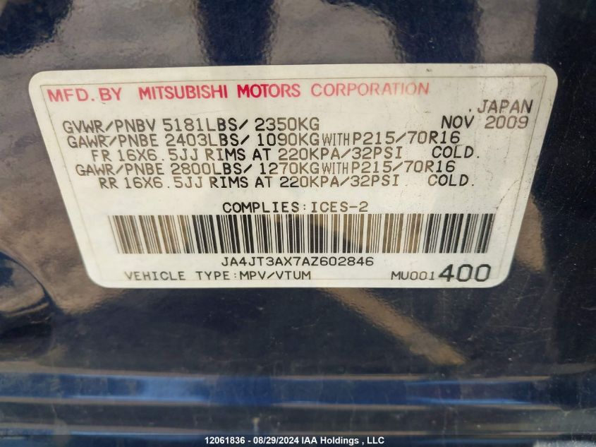 2010 Mitsubishi Outlander VIN: JA4JT3AX7AZ602846 Lot: 12061836