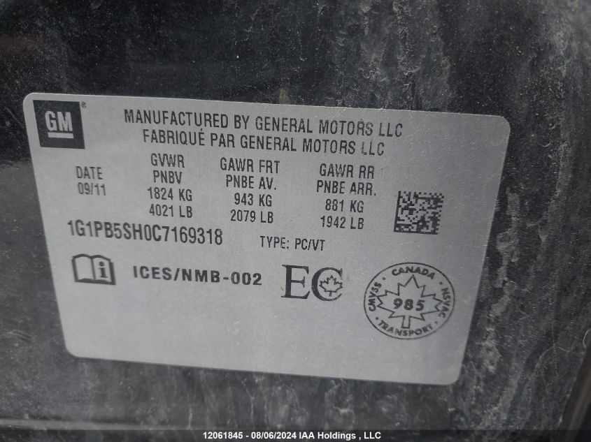 2012 Chevrolet Cruze VIN: 1G1PB5SH0C7169318 Lot: 12061845