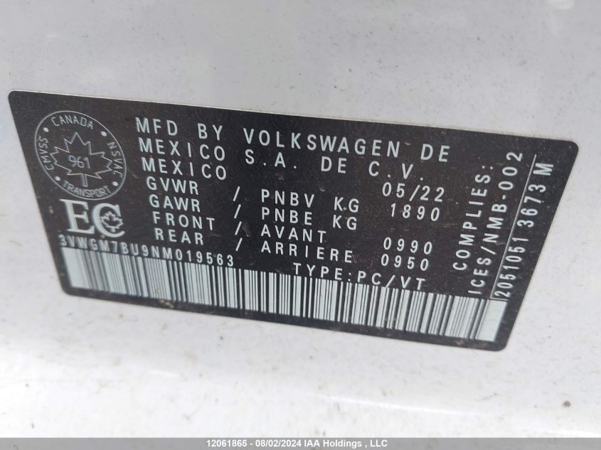 2022 Volkswagen Jetta VIN: 3VWGM7BU9NM019563 Lot: 12061865