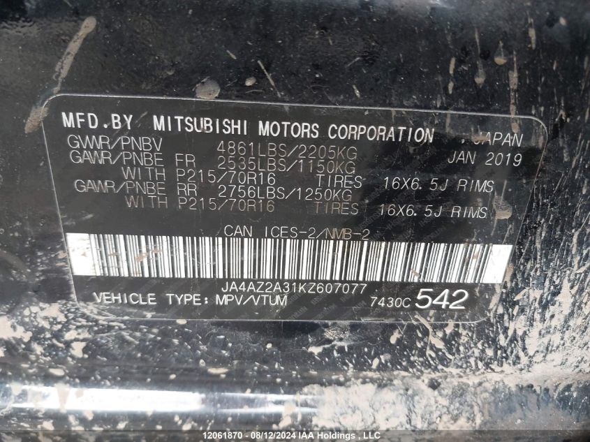 2019 Mitsubishi Outlander VIN: JA4AZ2A31KZ607077 Lot: 12061870